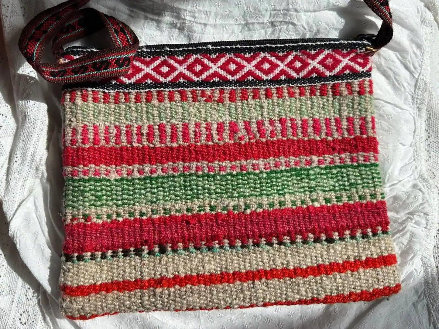 Handwoven Wool Bag - Vibrant Ethnic Patterned - Pink, Green & Orange