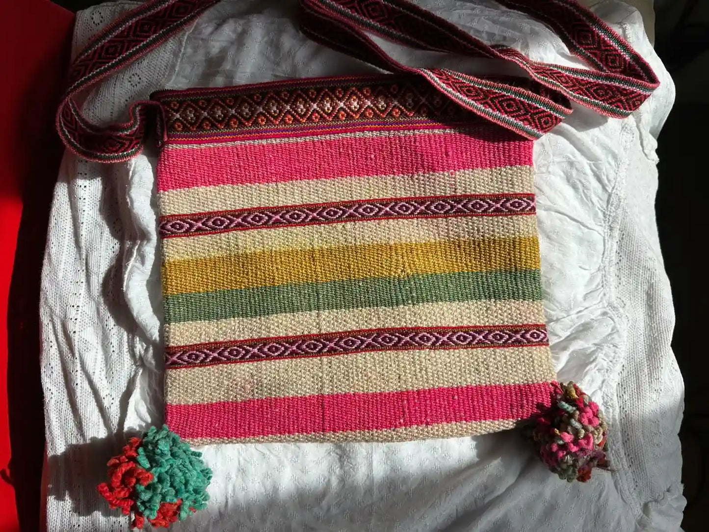 Handwoven Wool Bag - Vibrant Ethnic Pattern - Crimson Red &amp; Orange - Large