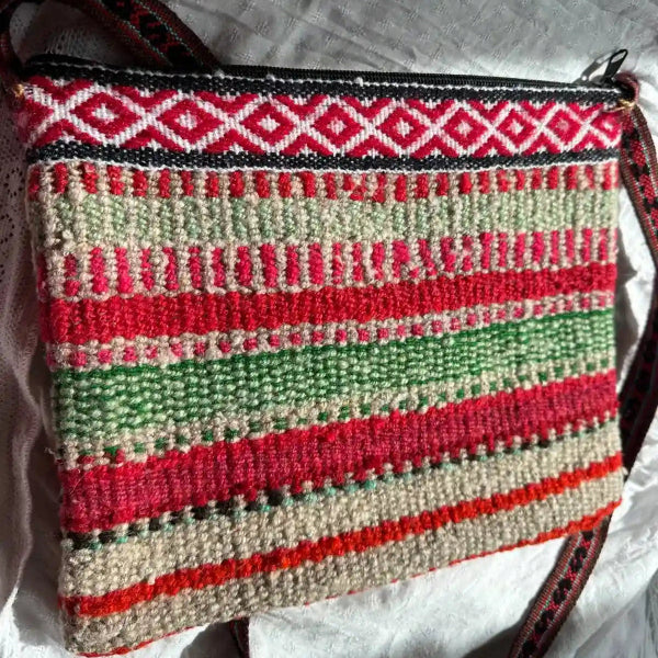 Handwoven Wool Bag - Vibrant Ethnic Patterned - Pink, Green &amp; Orange