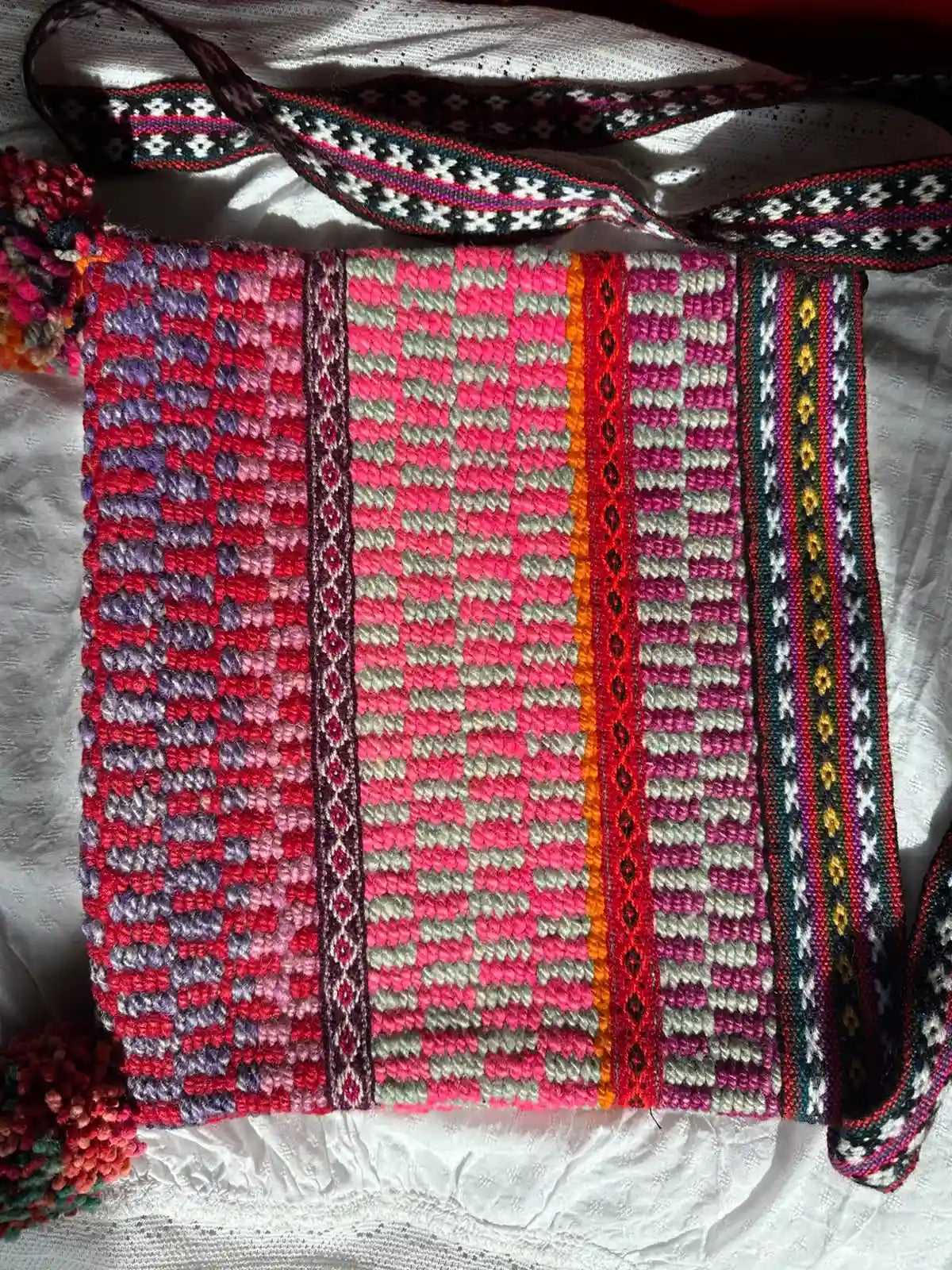 Handwoven Wool Bag - Vibrant Ethnic Patterned - Pink, Green &amp; Orange