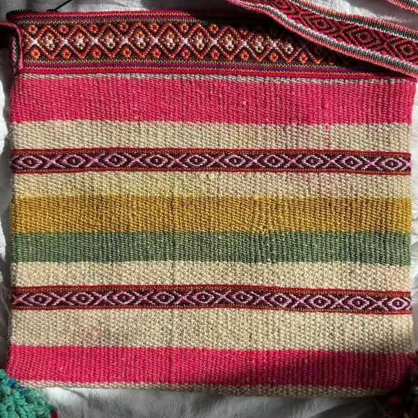 Handwoven Wool Bag - Vibrant Ethnic Pattern - Crimson Red &amp; Orange - Large