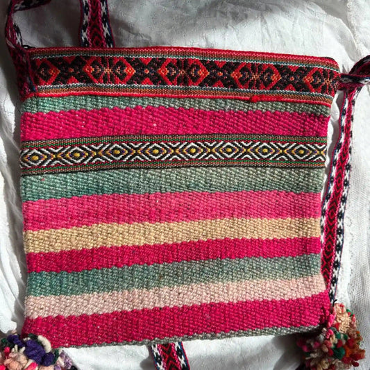 Handgewebte Wolltasche - Lebhaft ethnisch gemustert - Türkis & Rosa