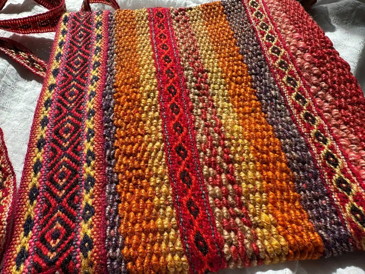 Handwoven Wool Bag - Vibrant Ethnic Pattern - Red &amp; Orange - Large