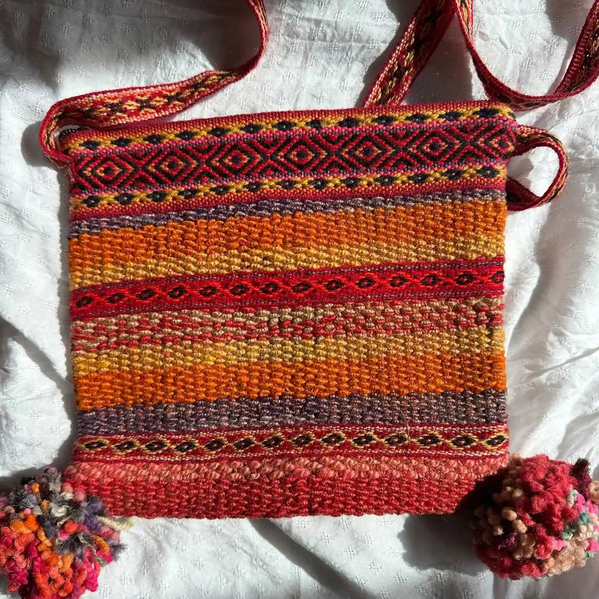 Handwoven Wool Bag - Vibrant Ethnic Pattern - Red &amp; Orange - Large