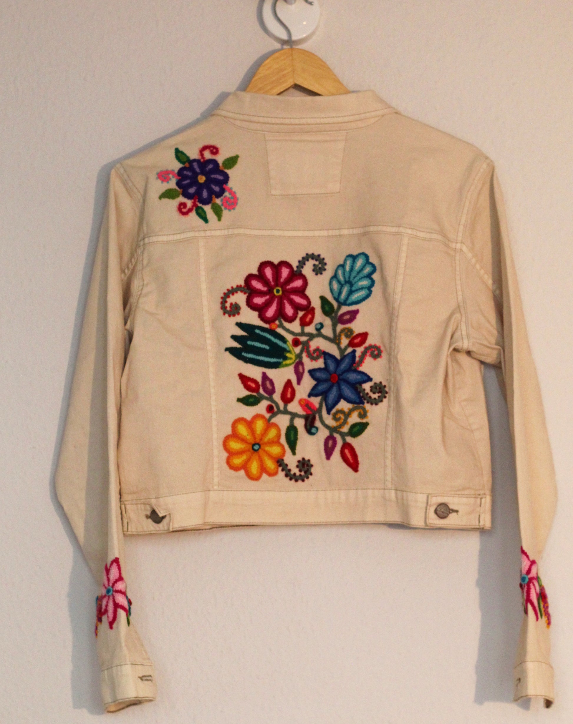 Floral Denim Jacket (Beige) - Sacred Weavings 