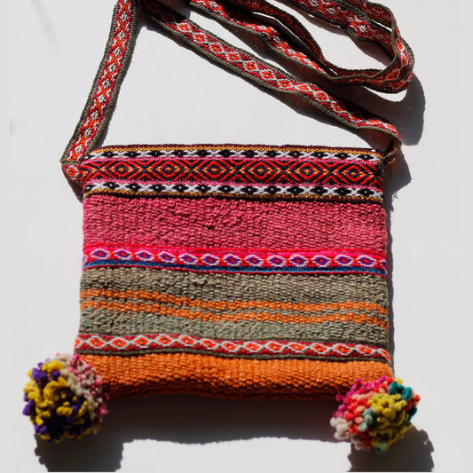 Handgewebte Wolltasche - Lebhaft ethnisch gemustert - Pink, Grün & Orange - Sacred Weavings 